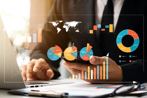Businessman touching virtual screen Graph analysis of business growth and inv Stock Photos