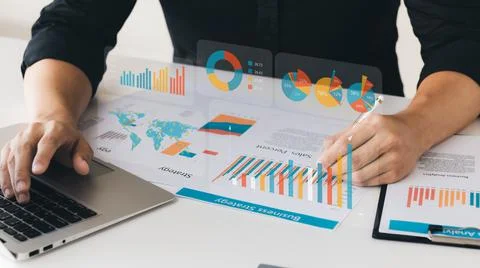 Businessman touching virtual screen Graph analysis of business growth and inv Stock Photos