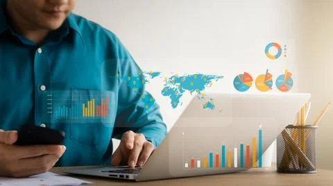 Businessman touching virtual screen Graph analysis of business growth and inv Stock Photos