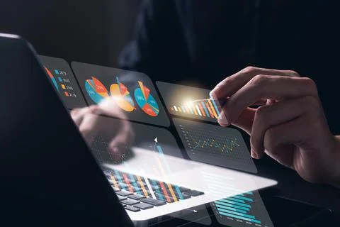 Businessman touching virtual screen Graph analysis of business growth and inv Stock Photos