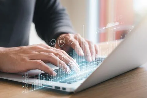 Businessman touching virtual screen Graph analysis of business growth and inv Stock Photos
