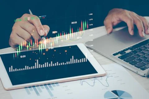Businessman touching virtual screen graph stock market indicator currency exc Stock Photos