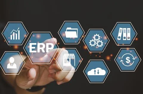 Businessman touching on virtual screen icon business ERP. Enterprise Resource Foto stock