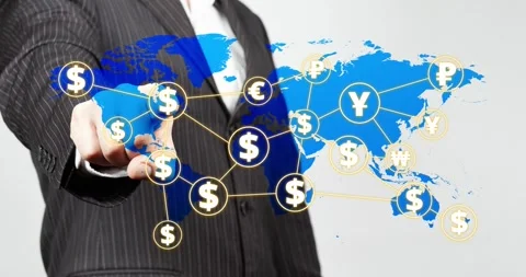 A businessman touching a world map animation of a currency symbols of the world Video stock 337428143