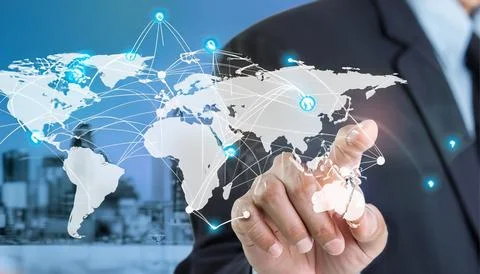Businessman touching world map on blurred background. Global business and commun Stock Photos
