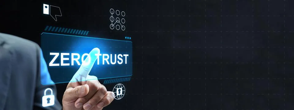 Businessman touching Zero Trust button on futuristic virtual screen. Cyber .. Stock Photos