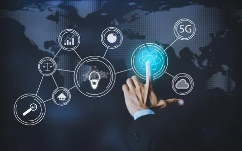 Businessman touchscreen on the graph Screen Icon of a media screen, Technolog Stock Photos