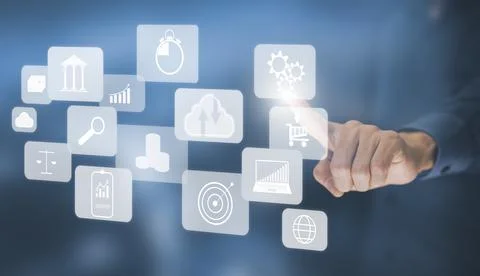 Businessman touchscreen on the graph Screen Icon of a media screen, Technolog Stock Photos