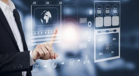 Businessman touchscreen on the graph Screen Icon of a media screen, Technolog Stock Photos
