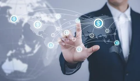 Businessman touchscreen on the graph Screen Icon of a media screen, Technolog Foto stock