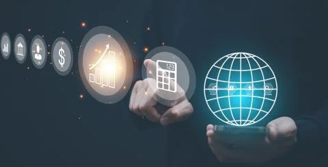 Businessman touchscreen on the graph Screen Icon of a media screen, Technolog Stock Photos