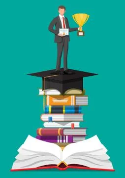Businessman with trophy on stack of books. Stock Illustration