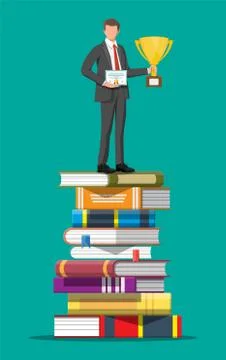 Businessman with trophy on stack of books. Stock Illustration