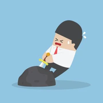 Businessman try to pull sword from stone Stock Illustration