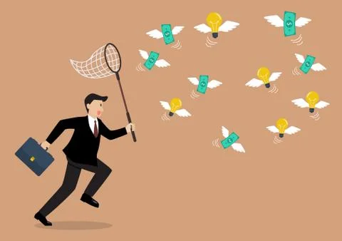 Businessman trying to catch money and lightbulb idea Stock Illustration