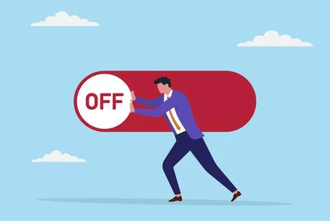 A businessman trying to move a button switch from ON to OFF Stock Illustration