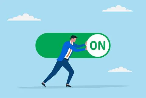 A businessman trying to move a button switch from OFF to ON Stock Illustration