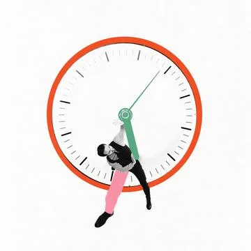 Businessman trying to pull back clocks green hand, symbolizing struggle to Stock Photos