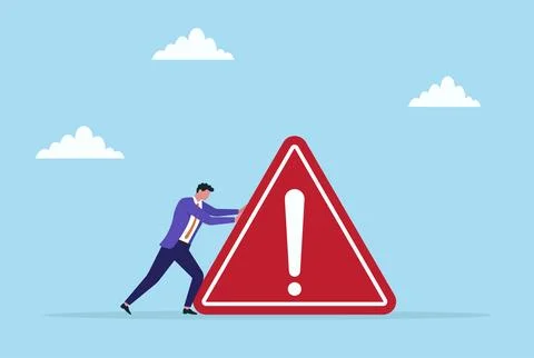 A businessman trying to push and move a giant warning sign Stock Illustration