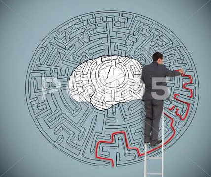 Businessman trying to solve a large maze with a brain illustration Stock Illustration