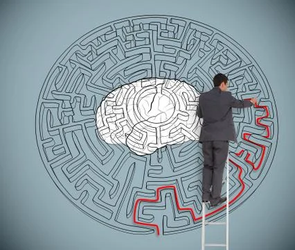 Businessman trying to solve a large maze with a brain illustration Stock Illustration