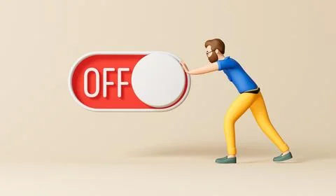 A businessman turning off an on off toggle switch. 3D Rendering Illustrazione stock
