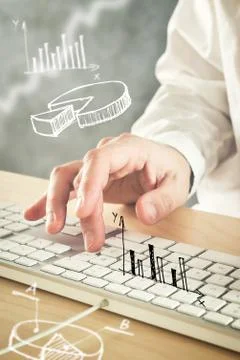 Businessman typing computer keyboard with pie chart and other infographics in Stock Illustration