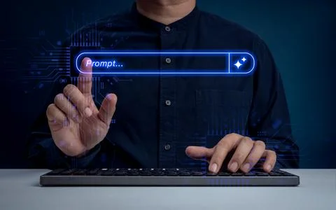 Businessman typing keyboard while pointing on virtual AI prompt bar and dig.. Stockfoto's
