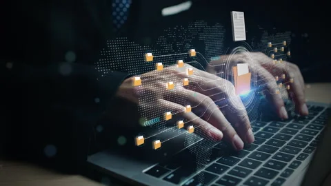 Businessman Typing on Laptop with Digital Data Folders and Cloud Network Stock-Footage 327943545