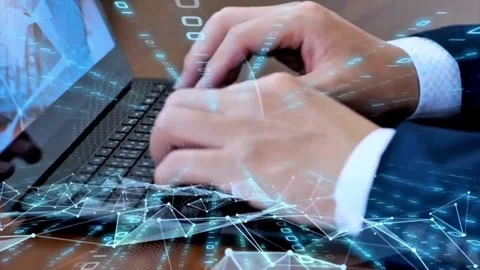 Businessman Typing on Laptop with Digital Data Network Overlay Stock Footage 337805416