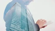 Businessman Typing On Tablet Double Exposure With London Office Building 4K Stock Footage