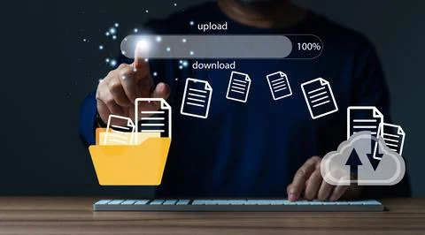 Businessman upload documents from computer to backup online cloud and downl.. Stock Photos