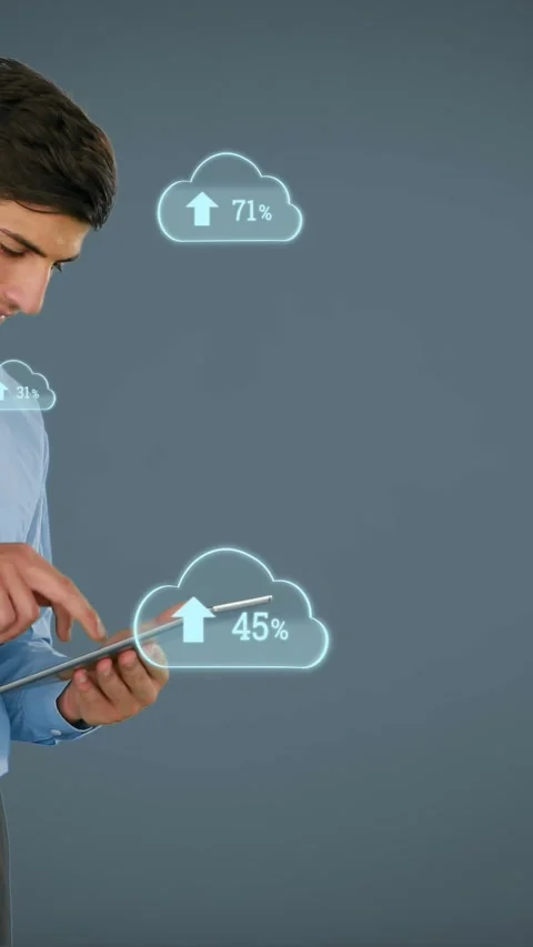 A businessman uploading in the digital cloud 4k 库存影片 342136436