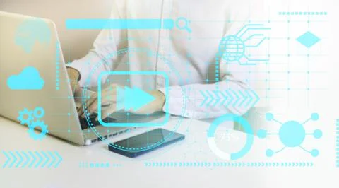 Businessman use computer and mobile devices to work,Using apps to search, vie Stock Photos