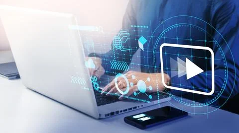 Businessman use computer and mobile devices to work,Using apps to search, v.. Stock Photos