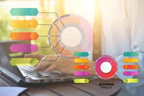 Businessman use computer notebook working by internet technology info graphic Stock Photos