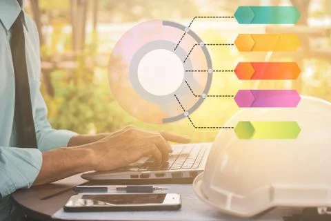 Businessman use computer notebook working by internet technology info graphic Stock Photos
