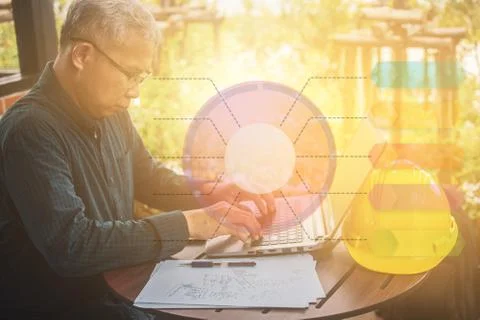 Businessman use computer notebook working by internet technology info graphic Stock Photos