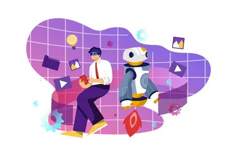 Businessman use data of robots on a smartphone to control business network co Stock Illustration