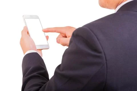 Businessman use smart phone while hand holding new smartphone and looking whi Stock Photos
