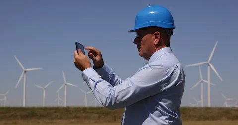 Businessman Use Tablet Modern Technology Green Energy Farm Wind Turbines Field 스톡 동영상 59328049