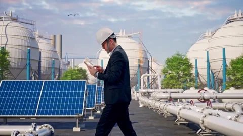 Businessman Use Tablet While Walking at Energy Complex Stock Footage 330172881