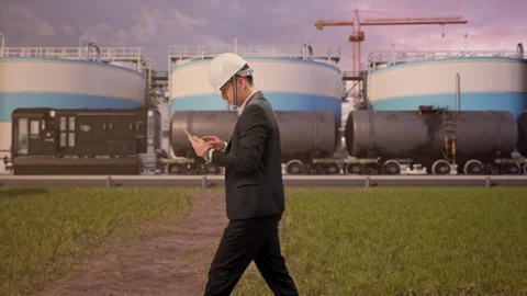Businessman Use Tablet While Walking at Oil Refinery Stock Footage 340138727
