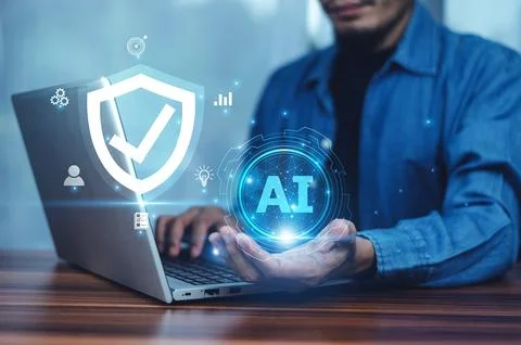 A businessman uses AI for data security to detect potential threats and pre.. Stock Photos