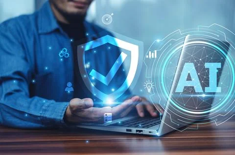 A businessman uses AI for data security to detect potential threats and pre.. Stock Photos