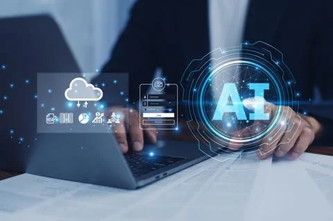 Businessman uses AI data security to safeguard company assets, ensuring con.. Stock Photos
