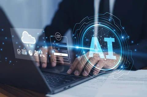 Businessman uses AI data security to safeguard company assets, ensuring con.. Stock Photos