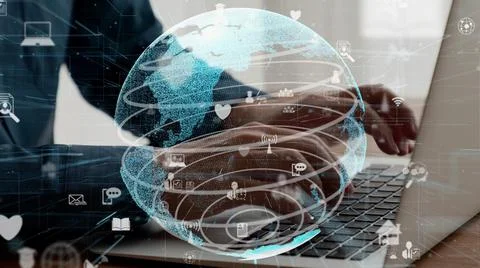 Businessman uses capable laptop computer to connect worldwide social network Foto stock