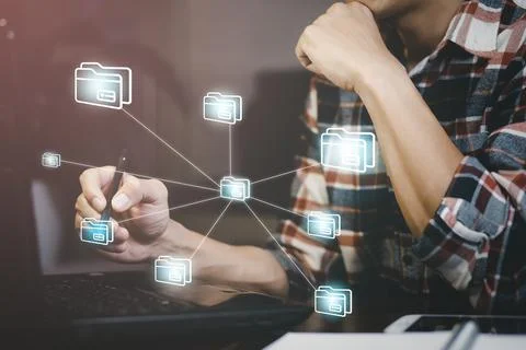 Businessman uses computer open document Management System,  online documentat Stock Photos