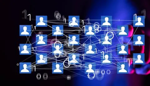 Businessman using a 3D rendered data network concept with his fingers on a purpl Stock Photos